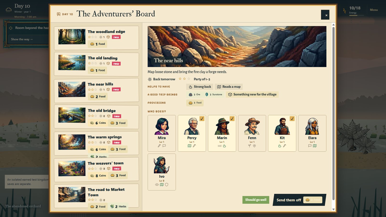 Current Adventurers’ Board showing a route, party and provisions