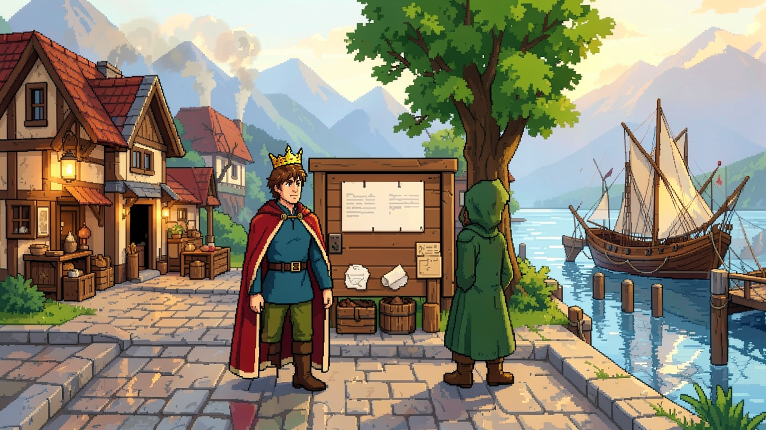 A possible future harbour, where the king meets a returning adventurer.