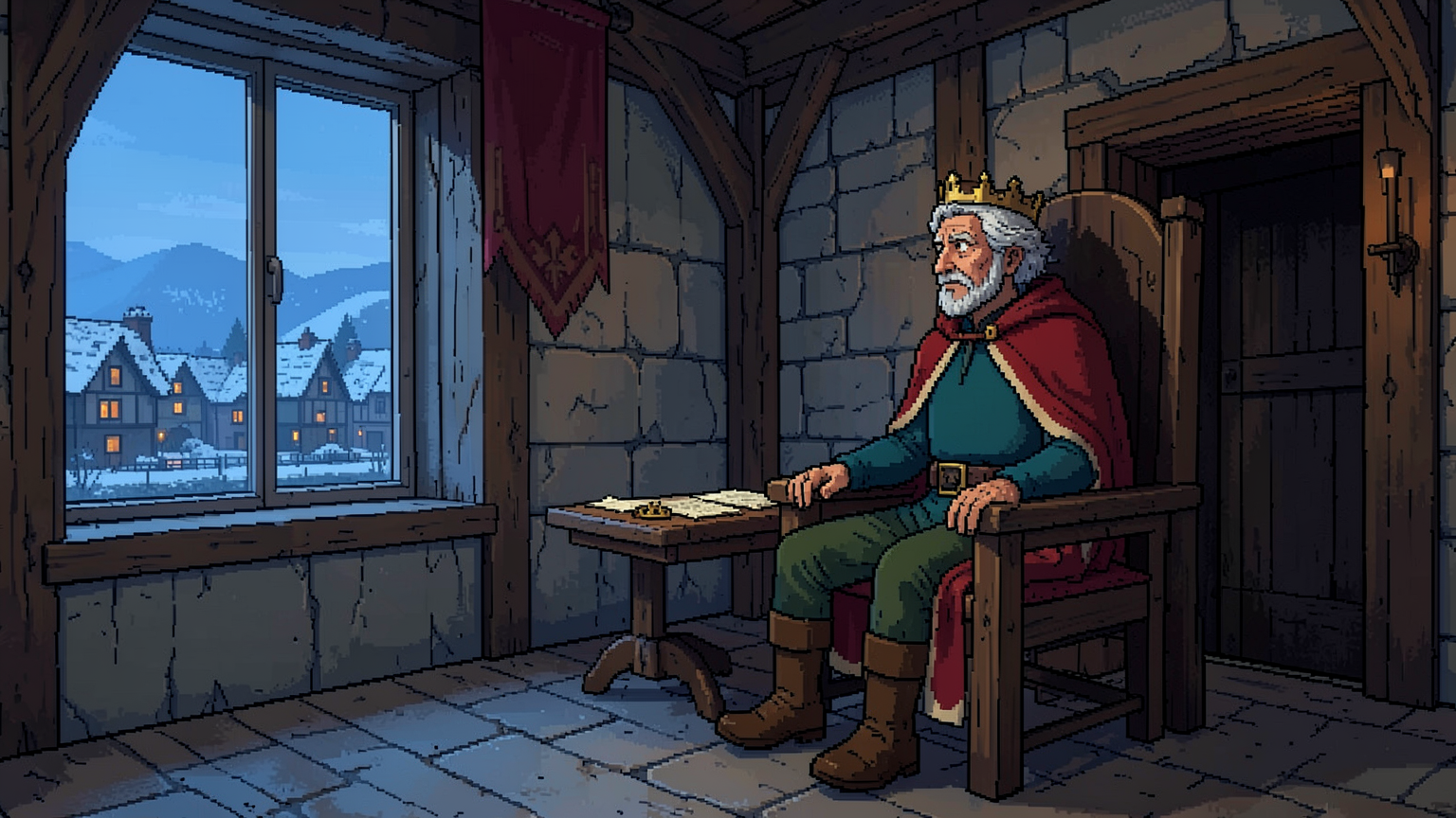 An elderly king weighs the burden of rule in his winter throne room. Concept key art.